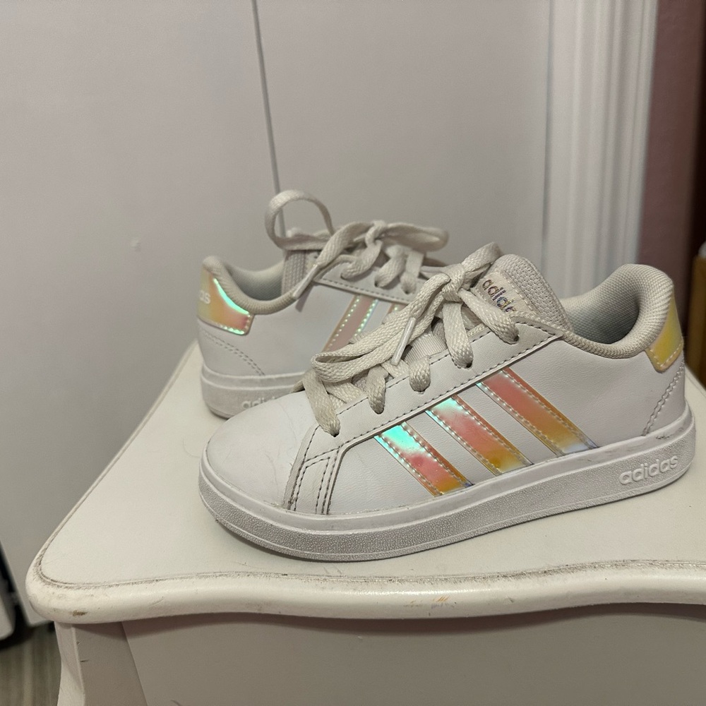 Adidas Kids White Sneakers with Iridescent Accents